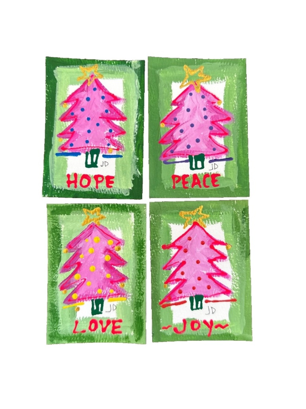 Original ACEO Art Card set Hand-Painted Pink Christmas Trees ACEO Set of (4)